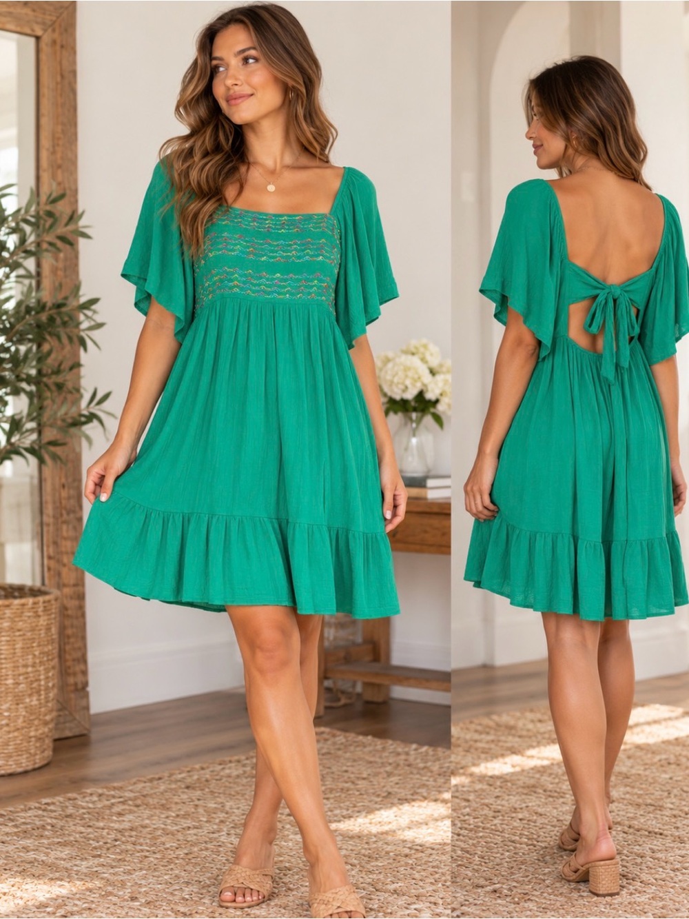 JODIFL Green Smocked Square-Neck Mini Dress with Tie Back L